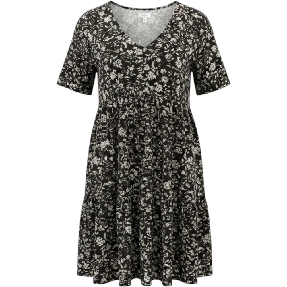 True Craft Womens Black White Floral V-Neck Tiered Babydoll Mini Dress Large